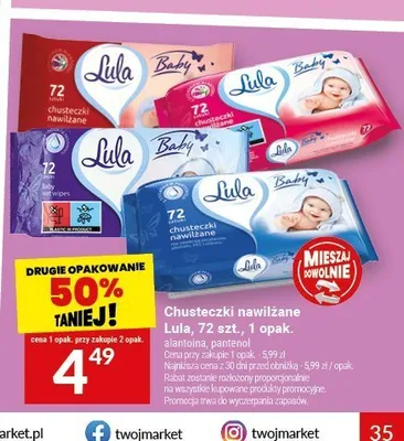 Chusteczki nawilżane dla dzieci Lula Baby Pantenol promocja w Twój Market