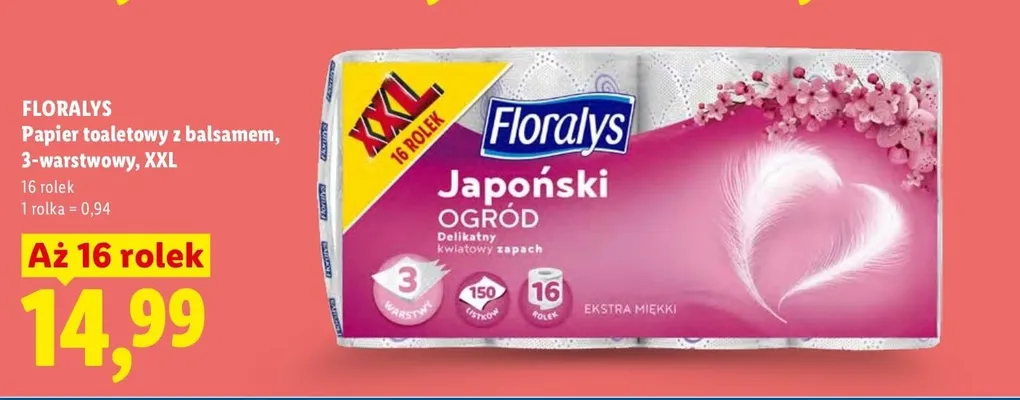 Papier toaletowy z balsamem 3-warstwowy Floralys 16-pak XXL promocja w Lidl