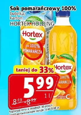 Sok pomarańczowy 100% Hortex butelka promocja w Prim Market