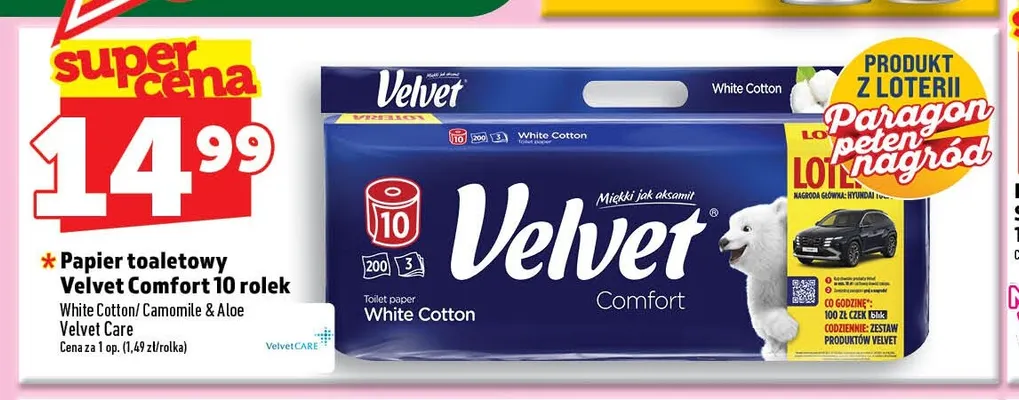 Papier toaletowy Velvet Comfort White Cotton 10 rolek promocja w TOPAZ