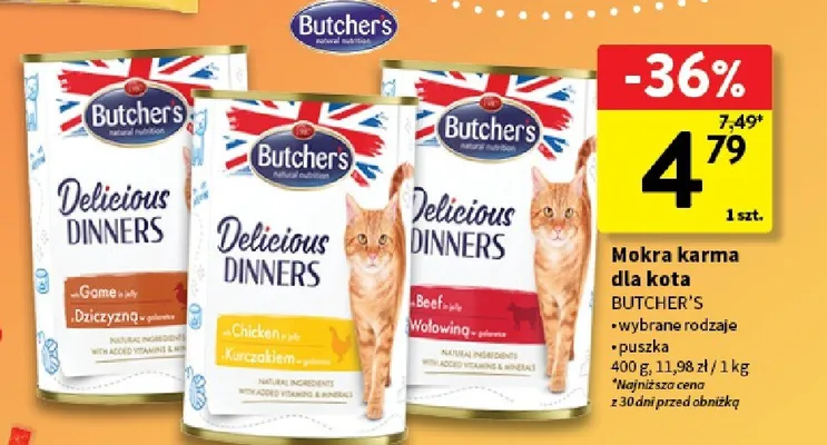Mokra karma dla kota Butcher's Delicious Dinners z dziczyzną promocja w Intermarche