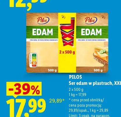 Ser edam w plastrach XXL 2-pak Pilos promocja w Lidl
