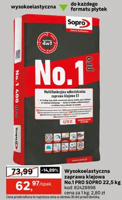 Wysokoelastyczna zaprawa klejowa No.1 PRO SOPRO 22,5kg promocja w Leroy Merlin