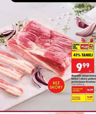 Boczek wieprzowy bez kości i skóry pakowany próżniowo Kraina Mięs promocja w Biedronka