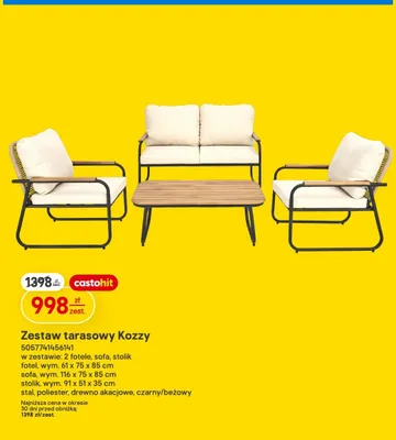 Zestaw tarasowy Kozzy w zestawie: 2 fotele, sofa, stolik stal, poliester, drewno akacjowe, czarny/beżowy promocja w Castorama