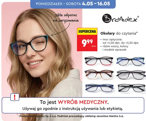 Okulary do czytania Brandex moc optyczna od +1,00 dpt. do +3,50 dpt. szkła odporne na zarysowania promocja w Biedronka