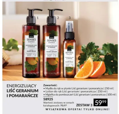 Zestaw 3 kosmetyków Liść geranium i pomarańcza Avon Senses Essence promocja w AVON