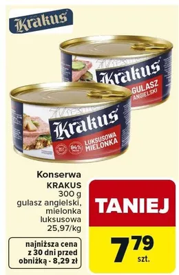 Konserwa Krakus gulasz angielski, mielonka promocja w Carrefour