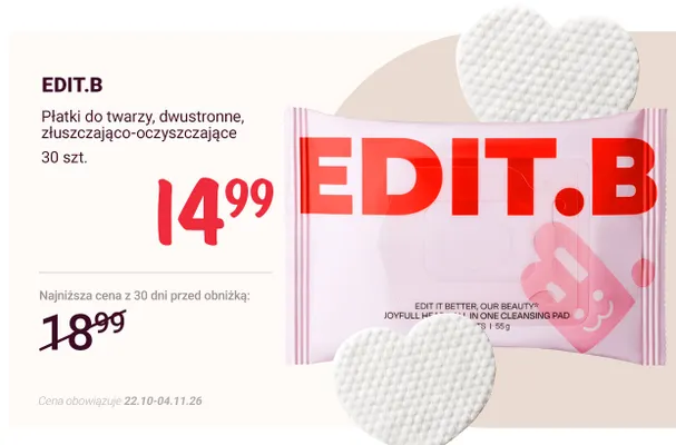 Płatki do twarzy dwustronne złuszczająco-oczyszczające EDIT.B promocja w Rossmann