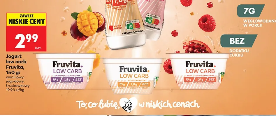 Jogurt Fruvita Low Carb o smaku jagodowym promocja w Biedronka