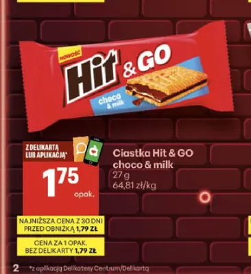 Ciastka Hit & GO choco & milk promocja w Delikatesy Centrum