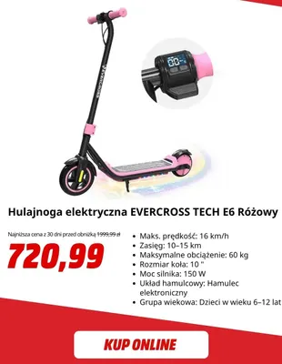 Hulajnoga elektryczna Evercross Tech E6 różowy promocja w Media Markt