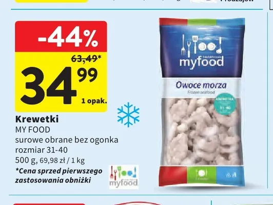 Krewetki surowe obrane bez ogonka rozmiar 31-40 My Food promocja w Intermarche
