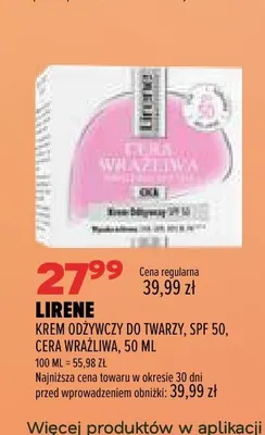 Krem odżywczy do twarzy Lirene Cera Wrażliwa SPF 50 promocja w Drogerie Natura