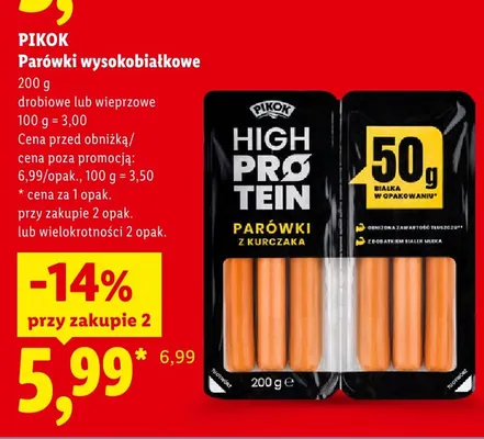 Parówki wysokobiałkowe drobiowe Pikok promocja w Lidl