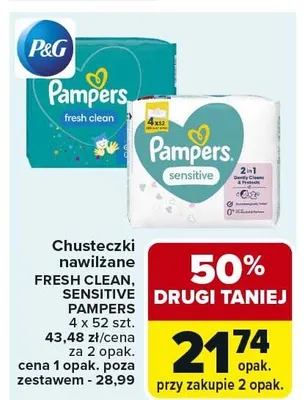 Chusteczki nawilżane Fresh Clean, Sensitive Pampers 4x58 szt. 43,48 zł/cena za 2 opak. promocja w Carrefour Market