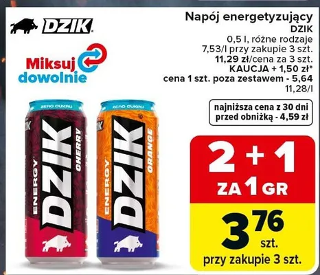 Napój energetyzujący Dzik Cherry Zero Cukru promocja w Carrefour