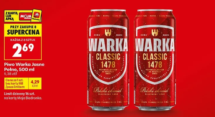 Piwo Warka Jasne Pełne Classic promocja w Biedronka