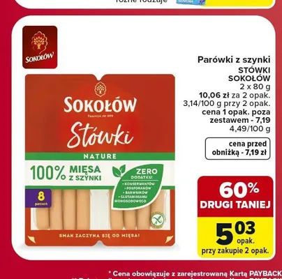 Parówki z szynki Sokołów Stówki 2-pak promocja w Carrefour