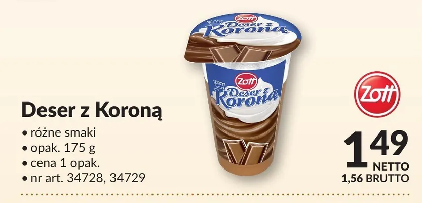 Deser z Koroną Zott różne smaki nr art. 34728,34729 promocja w Makro