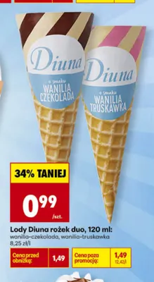 Lody Diuna rożek duo wanilia-czekolada promocja w Biedronka
