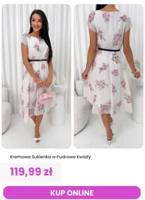 Sukienka kremowa w pudrowe kwiaty ModnaKiecka.pl promocja w Modna Kiecka