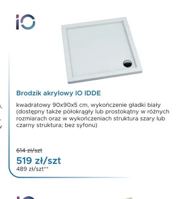 Brodzik akrylowy IO IDDE kwadratowy 90x90x5 cm promocja w Blu Salony Łazienek