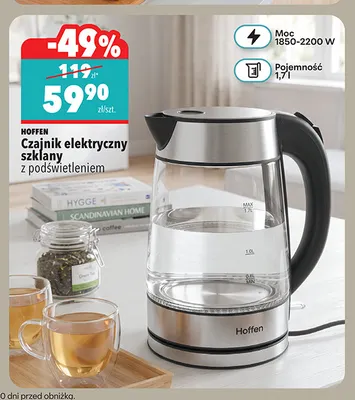Czajnik elektryczny szklany 1,7 l z podświetleniem Hoffen promocja w Biedronka