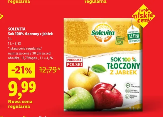 Sok tłoczony z jabłek Solevita 100% promocja w Lidl