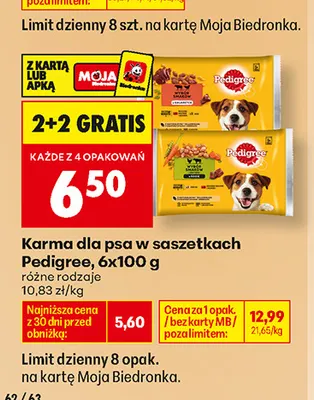 Karma dla psa w saszetkach Pedigree wybór smaków w galaretce 6-pak promocja w Biedronka