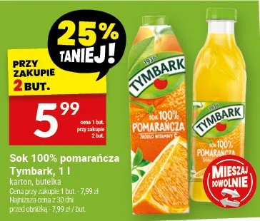 Sok 100% pomarańcza Tymbark promocja w Twój Market