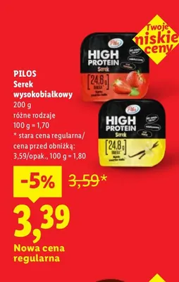 Serek wysokobiałkowy truskawkowy Pilos High Protein promocja w Lidl