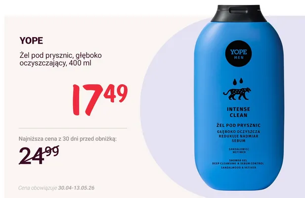 Żel pod prysznic głęboko oczyszczający Yope Men Intense Clean promocja w Rossmann
