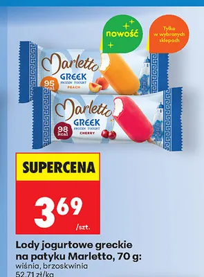 Lody jogurtowe greckie na patyku Marletto brzoskwinia promocja w Biedronka