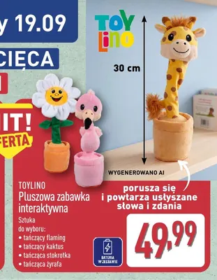 Pluszowa zabawka interaktywna tańczący flaming Toylino promocja w Aldi