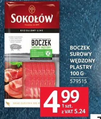 Boczek surowy wędzony plastry Sokołów 100g 579816 promocja w Selgros