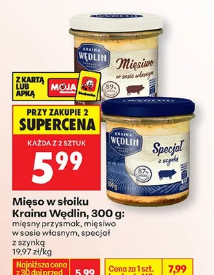 Mięso w słoiku Kraina Wedlin 300g - mięsny przysmak, mięsiwo w sosie własnym, specjał z szynką promocja w Biedronka