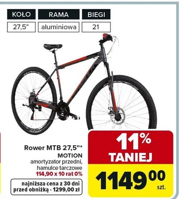 Rower MTB 27,5" Motion amortyzator przedni, hamulce tarczowe 114,90 x 10 rat 0% promocja w Carrefour