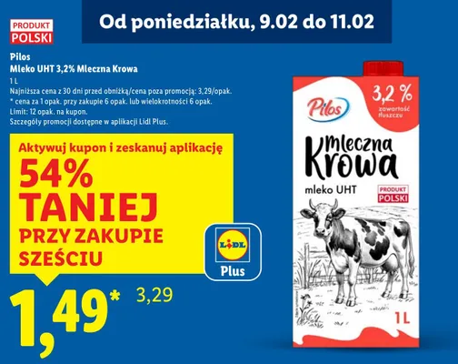 Mleko UHT 3,2% mleczna krowa promocja w Lidl