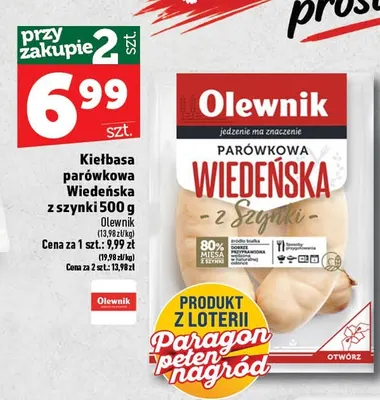 Kiełbasa parówkowa Wiedeńska z szynki Olewnik promocja w TOPAZ