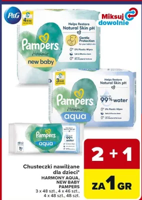 Chusteczki nawilżane dla dzieci Harmony Aqua, New Baby, Pampers promocja w Carrefour