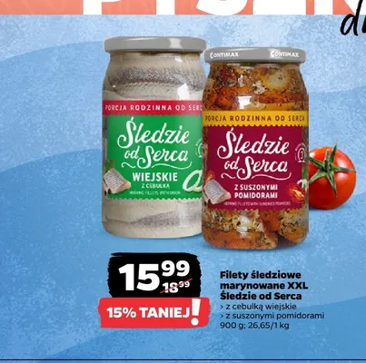 Filety śledziowe marynowane XXL Śledzie od Serca z cebulką wiejskie promocja w Netto