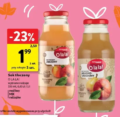 Sok tłoczony jabłkowo-gruszkowy O la la! promocja w Intermarche