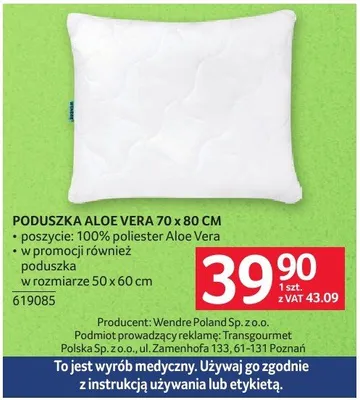 Poduszka Poduszka Aloe Vera 70 x 80 cm promocja w Selgros
