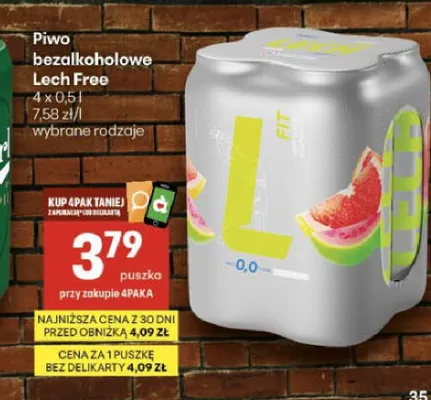 Piwo bezalkoholowe Lech Free 4-pak 500 ml promocja w Delikatesy Centrum
