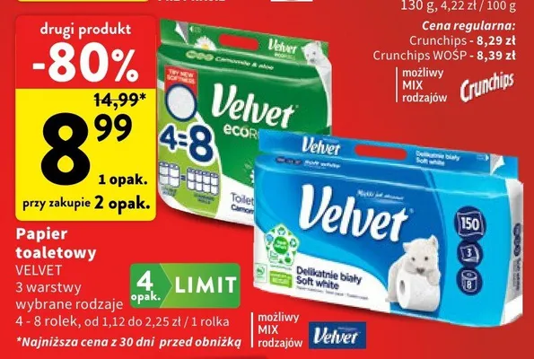 Papier toaletowy VELVET 3 warstwy wybrane rodzaje 4-8 rolek promocja w Intermarche