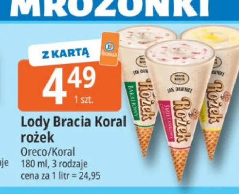 Lody Bracia Koral rożek Oreco/Koral promocja w Leclerc
