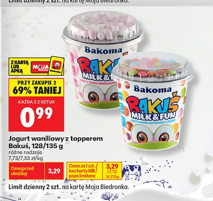 Jogurt waniliowy z topperem Bakuś promocja w Biedronka