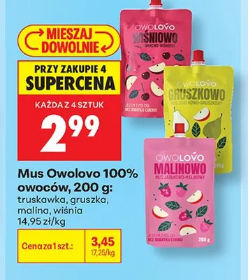 Mus Owolovo 100% owoców truskawka promocja w Biedronka