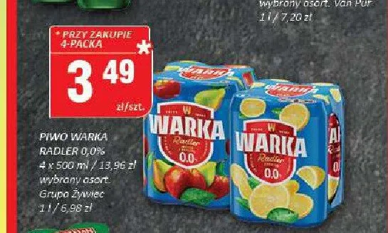 Piwo bezalkoholowe Warka Radler 0,0% 4-pak 500ml promocja w Chorten